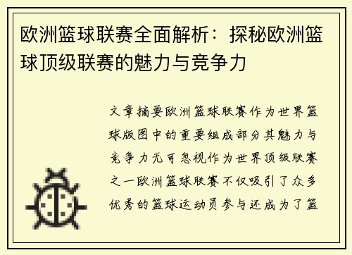 欧洲篮球联赛全面解析：探秘欧洲篮球顶级联赛的魅力与竞争力