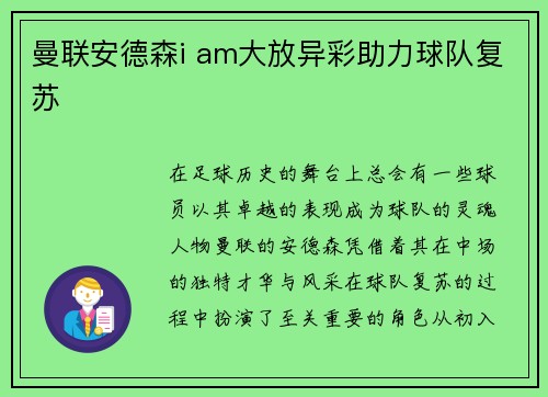 曼联安德森i am大放异彩助力球队复苏